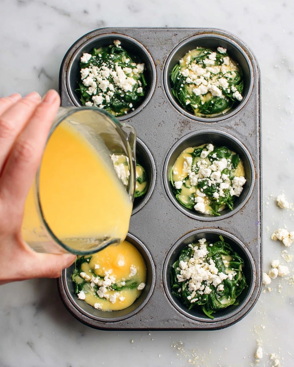 A gray metal muffin tray holds six sections, each layered with a base of fresh dark green spinach leaves topped with crumbled white cheese. In the lower left section, a stream of yellow beaten eggs is being poured from a clear glass measuring cup by a woman's hand into the cup, mixing with the green and white layers below. The tray rests on a white marbled surface, and small crumbs of cheese are scattered lightly around. photo taken with an iphone --ar 4:5 --v 7