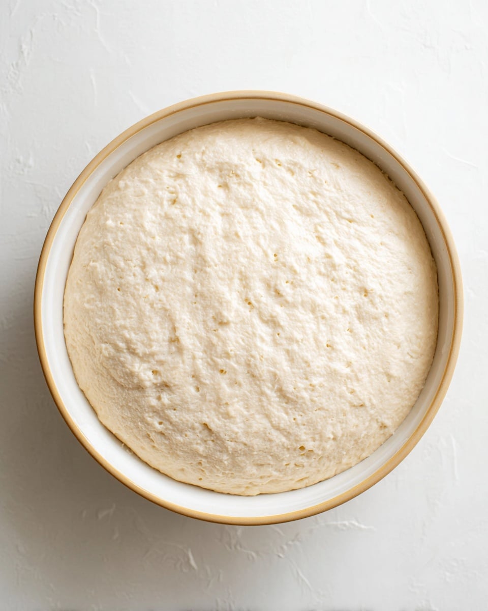 A close-up top view of a bowl filled with risen dough. The dough has a smooth, slightly bumpy texture and fills the bowl fully, showing small air bubbles on its surface. The bowl is white with a thin light brown rim and sits on a white marbled surface. The dough is pale beige, soft, and puffy, with a gentle dome shape that rises evenly in the bowl. photo taken with an iphone --ar 4:5 --v 7