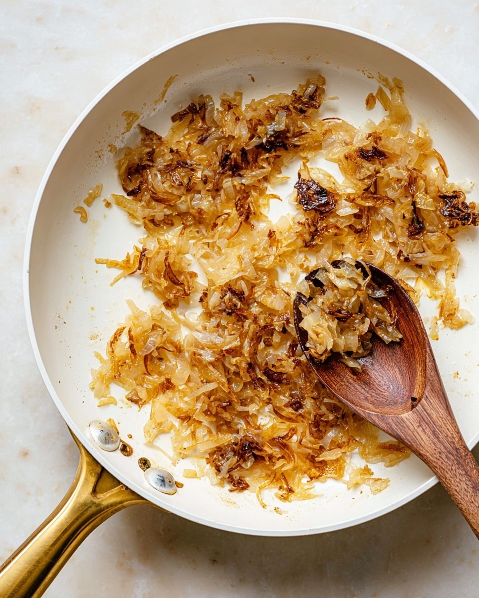 A white frying pan with a gold handle contains a single layer of caramelized onions. The onions are soft and golden-brown with dark brown edges, showing varied textures from translucent to slightly crispy. Some small bits and oil droplets are scattered around, and a wooden spoon rests inside the pan, scooping up some of the onions. The pan is set on a white marbled surface. Photo taken with an iphone --ar 4:5 --v 7