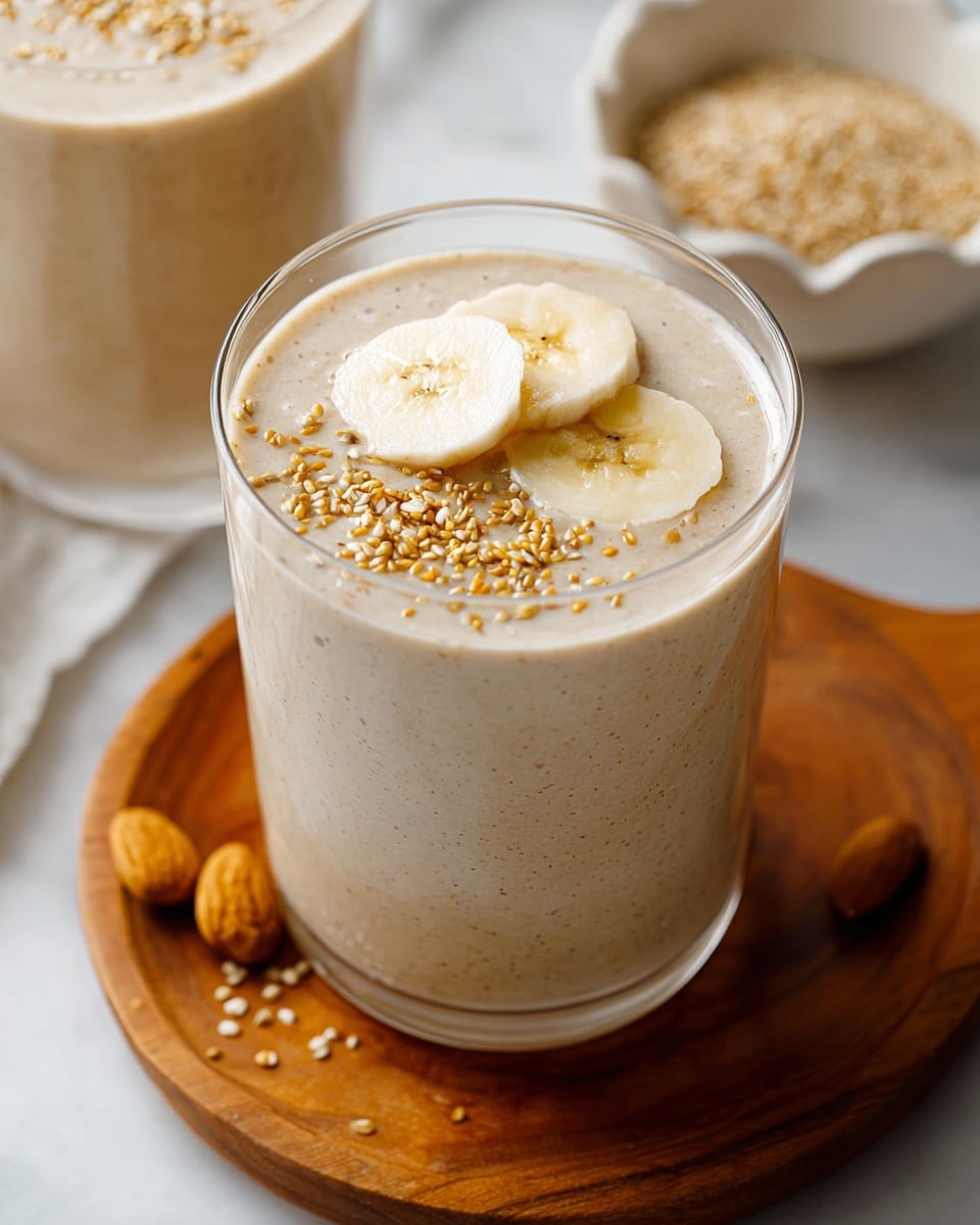 A clear glass is filled with a light beige smoothie that has a smooth, creamy texture and tiny specks visible throughout. On top, three white and pale yellow banana slices are neatly placed, slightly overlapping in the center. Golden flax seeds are sprinkled over the bananas and surface of the smoothie, adding texture and color contrast. The glass sits on a round wooden board with a warm brown tone, and a few almonds are scattered near its base. In the background, there's another glass with the same smoothie and part of a white wavy bowl filled with flax seeds, all set on a white marbled surface. photo taken with an iphone --ar 4:5 --v 7