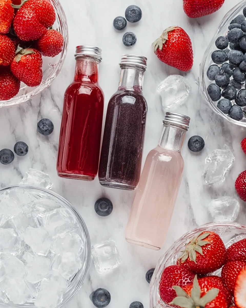 Three small glass bottles with red, dark purple, and light pink liquids are placed on a white marbled surface, surrounded by fresh strawberries and blueberries. Next to the bottles is a clear glass bowl filled with ice cubes, and part of a clear water bottle is visible in the bottom left corner. The colors of the liquids in the bottles contrast with the bright red strawberries and deep blue blueberries around them photo taken with an iphone --ar 4:5 --v 7