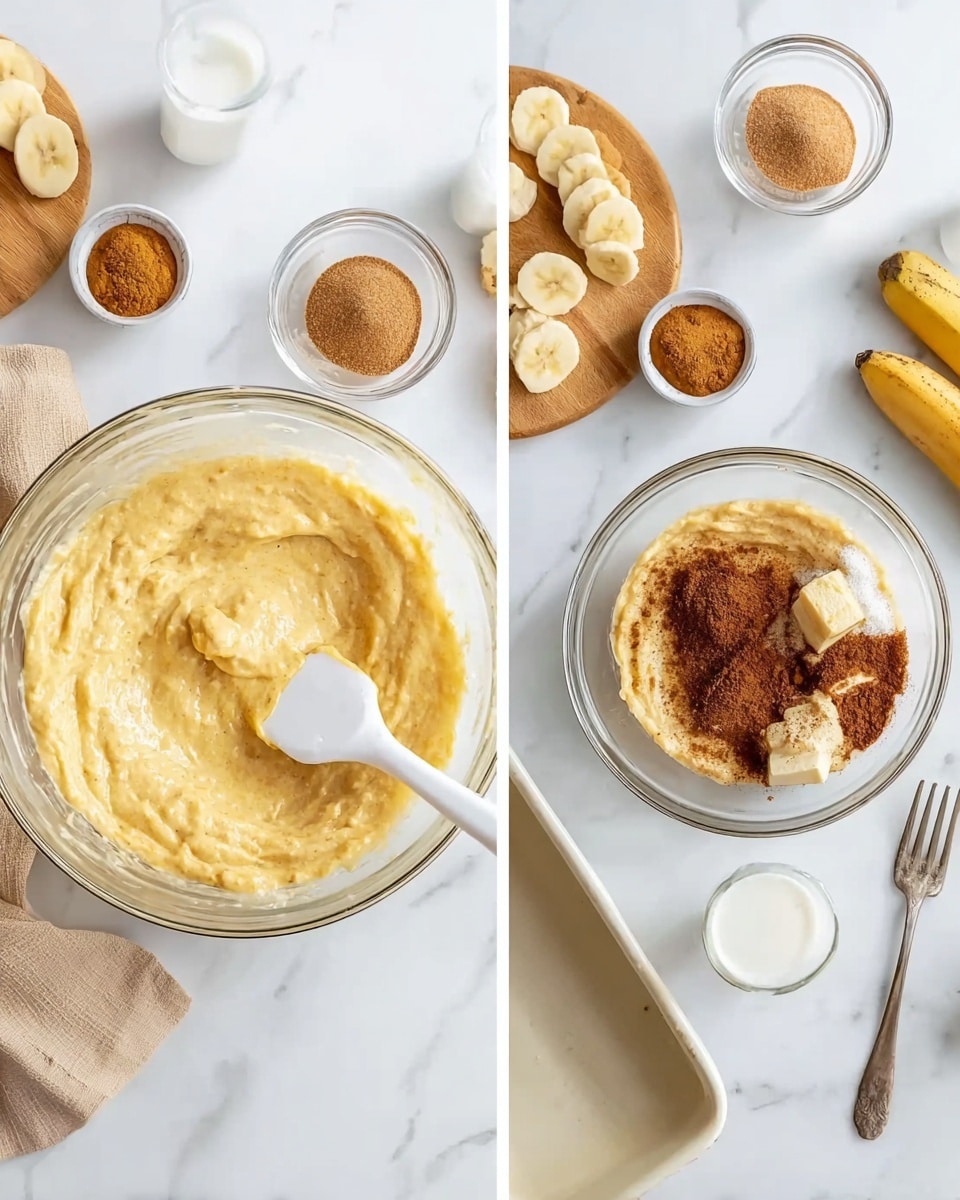 The image shows two scenes side by side on a white marbled surface. On the left side, there is a large clear glass bowl filled with a thick yellowish batter that looks creamy and slightly chunky, with a white spatula resting inside it. Around the bowl, there are small glass bowls containing brown sugar and cinnamon powder, a few banana slices on a small wooden board, and a beige cloth partially visible. On the right side, there is a smaller clear glass bowl with a mix of dark brown cinnamon powder, brown sugar cubes, and melted butter, sitting beside a silver fork. A clear glass of milk and the edge of a white baking pan are also visible. Photo taken with an iphone --ar 4:5 --v 7
