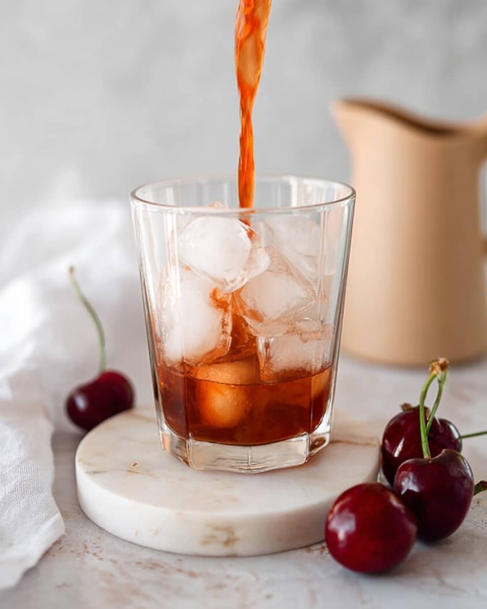 A clear glass filled with large, clear ice cubes is placed on a round white marble coaster on a white marbled surface. Bright orange liquid is being poured into the glass, flowing smoothly over the ice, creating a mix of translucent orange and icy white textures. Two fresh, shiny red cherries with green stems rest near the glass, adding a pop of color. In the background, there is a soft-focus white cloth and a beige ceramic pitcher, all set against a clean, white marbled backdrop. photo taken with an iphone --ar 4:5 --v 7