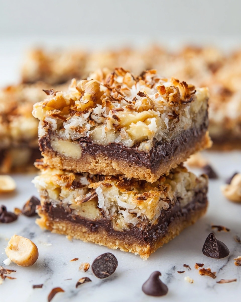 Two square bars stacked on top of each other show four layers: the bottom layer is a light brown, crumbly cookie crust; above it is a thick, dark chocolate layer mixed with chunks of nuts and banana pieces; the third layer consists of whole and broken walnuts mixed with shredded coconut, giving a rough textured cream and light brown color; the top layer is golden brown toasted coconut and walnut pieces. Around the bars are scattered dark chocolate chips on a white marbled surface. The photo taken with an iphone --ar 4:5 --v 7