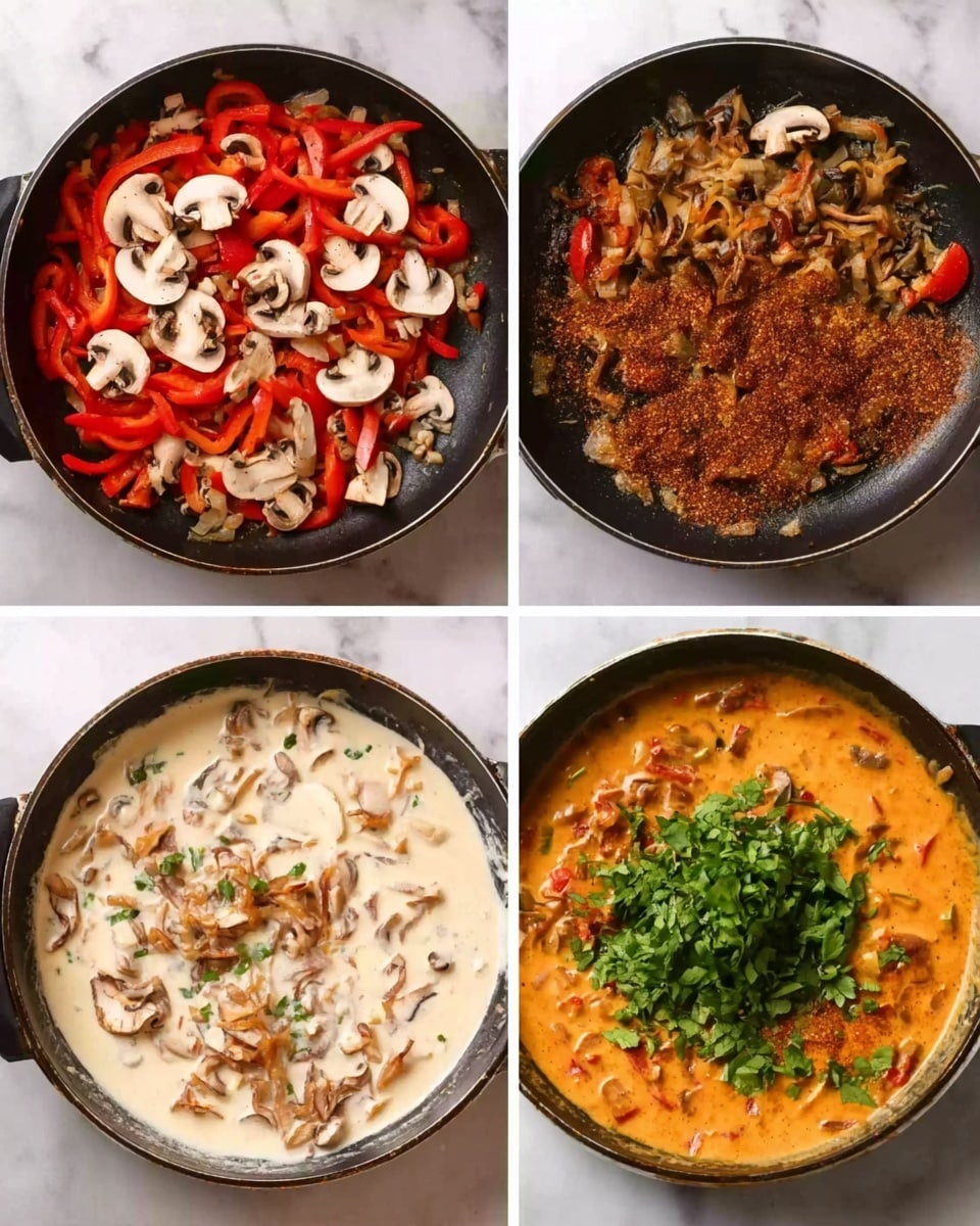 The image shows four square pictures arranged in a 2x2 grid, each depicting a cooking pan on a white marbled surface. The top-left image has a pan filled with sliced red bell peppers and mushrooms with white and light brown colors, spread evenly. The top-right pan shows the same vegetables now darker with a brown spice powder sprinkled over them. The bottom-left pan contains the cooked vegetables now mixed in a layer of white creamy liquid covering the pan. The bottom-right pan presents the creamy mixture turned into an orange sauce with small pieces of vegetables and a pile of fresh green chopped herbs placed in the middle, all inside the pan on the white marbled surface. photo taken with an iphone --ar 4:5 --v 7