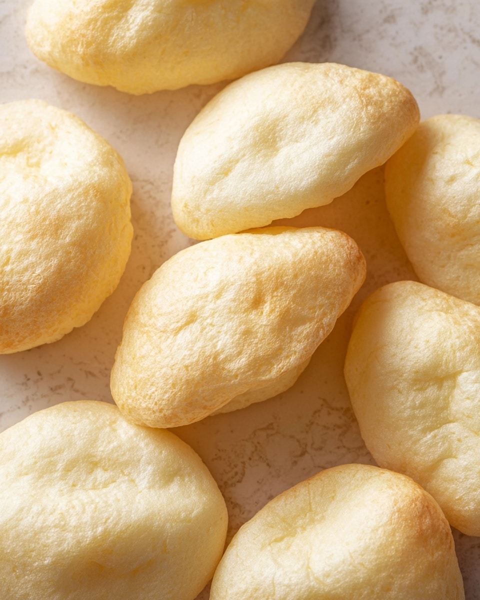 The image shows several pieces of light golden, puffed bread arranged closely together on a white marbled surface with a textured, soft and airy look. Each piece is slightly round and inflated, with smooth, pale yellow outer layers that have a delicate, puffy texture, creating a light and airy feel. The pieces vary slightly in shape, some more oval and others more circular, with subtle dimples on their surfaces. photo taken with an iphone --ar 4:5 --v 7