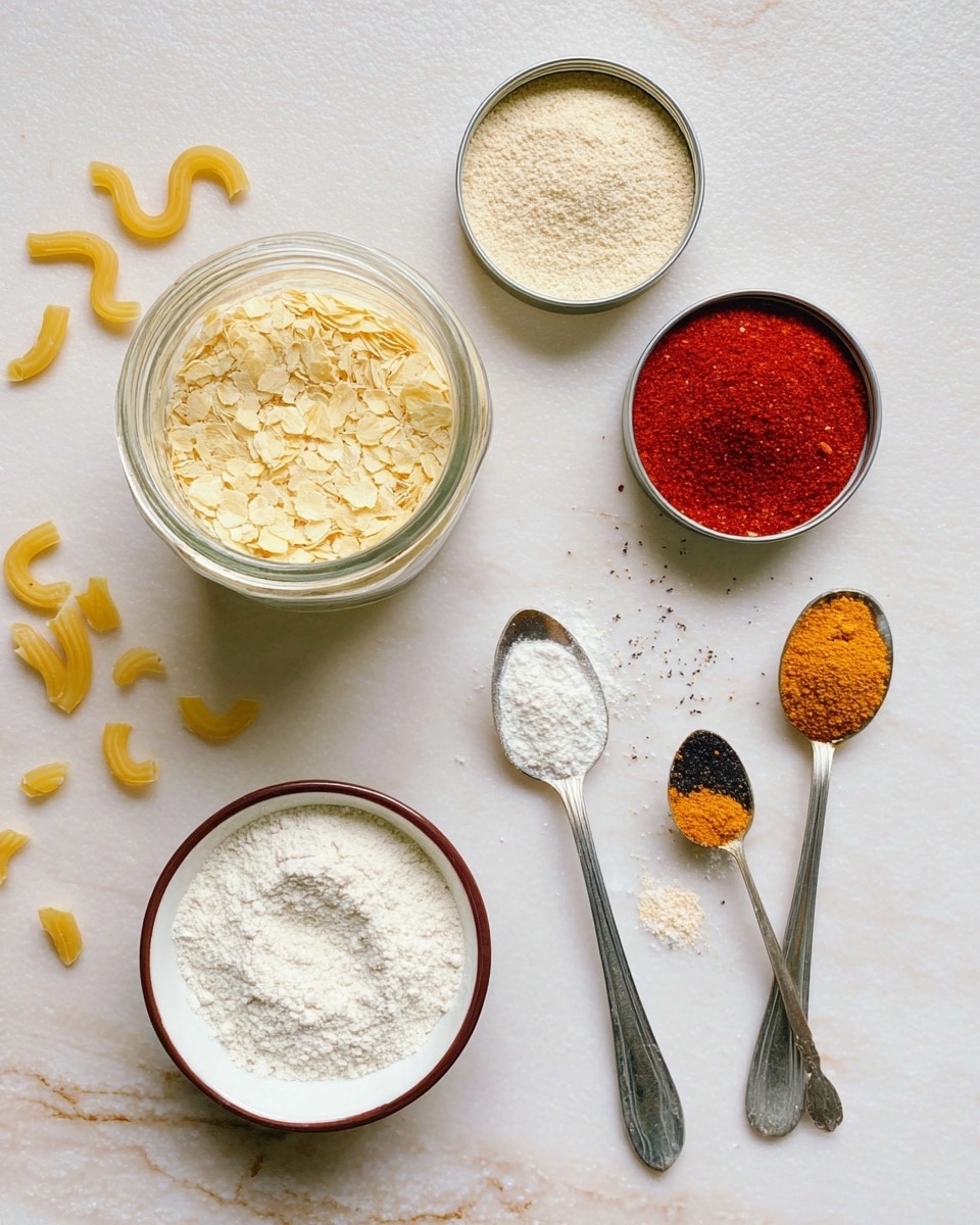 The image shows a flat lay of various spices and ingredients placed on a white marbled texture. There is a clear glass jar filled with pale yellow flakes in the center left. Above it are two small round metal containers, one with a light cream powder and the other with a light beige powder. To the right of these is another small metal container filled with bright red powder. Below the jar is a white bowl with a thin dark brown rim, containing white flour. Three metal spoons are arranged on the right side; the top two hold white fine powders, while the bottom spoon has two spices in orange and black colors. Scattered around the items are small uncooked yellow pasta pieces. photo taken with an iphone --ar 4:5 --v 7