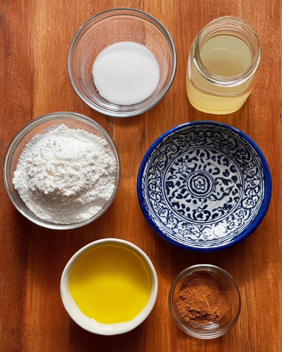 The image shows five glass and ceramic bowls placed on a wooden surface. At the top left, there is a clear glass bowl filled with white granulated sugar, next to it on the right is a clear glass jar filled with pale yellow liquid, likely apple cider vinegar. In the center, there is a white ceramic bowl with dark blue patterns filled with white powder, possibly cornstarch. Below, there is a white ceramic bowl filled with a bright yellow liquid, possibly oil, and to the right, a small clear glass bowl containing brown powder, likely cinnamon. The bowls are arranged in a loose circle. photo taken with an iphone --ar 4:5 --v 7