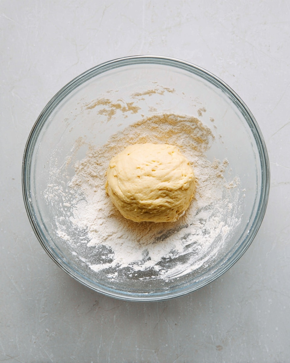 A clear glass bowl holds a single round ball of dough in the center, with a pale yellow color and soft, slightly uneven texture. The bowl's inside has a light dusting of white flour that clings to the sides and bottom, showing where the dough has been mixed. The bowl is placed on a white marbled surface that adds a subtle texture around it. Photo taken with an iphone --ar 4:5 --v 7