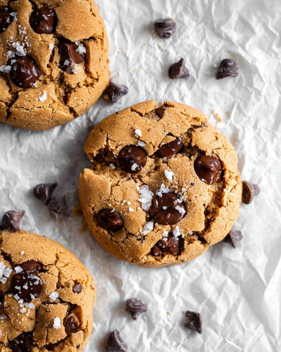 The image shows three round cookies with a cracked and slightly rough surface, golden brown in color with visible dark chocolate chips embedded on the top layer and sprinkled with coarse salt flakes. The cookies rest on crinkled white parchment paper over a white marbled surface. Scattered dark chocolate chips surround the cookies on the parchment paper, adding to the texture and contrast. The cookies have a soft, slightly thick texture with uneven tops showing where the dough rose during baking. photo taken with an iphone --ar 4:5 --v 7