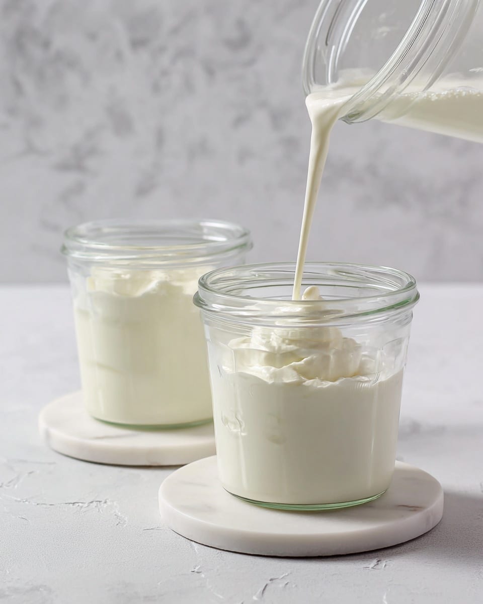 The image shows two clear glass jars placed on white round coasters with a creamy white substance inside. The jar in front is being filled with a smooth, creamy white liquid, creating soft swirls and small peaks on its surface. The second jar in the background is partially filled with the same creamy substance. The scene sits on a white marbled surface with a matching white marbled textured backdrop, giving a clean and bright look. The focus is sharp on the pouring action and the creamy texture inside the jars. photo taken with an iphone --ar 4:5 --v 7