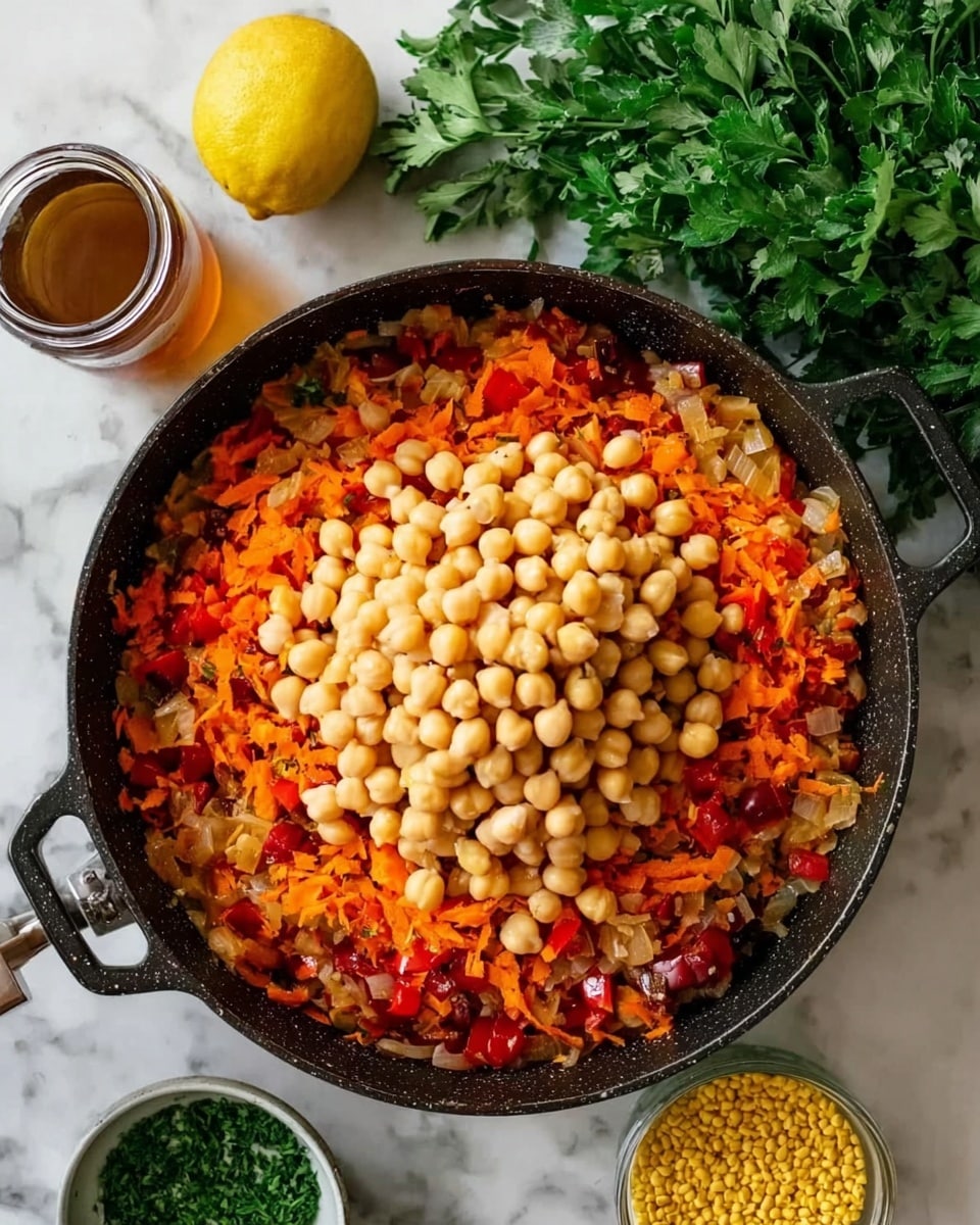 The image shows a black pan filled with a layered dish placed on a white marbled surface. The bottom layer is a mix of finely chopped orange carrots, light brown onions, and small pieces of red bell pepper, spread evenly across the pan. On top of this colorful veggie mix, there is a big pile of round, beige chickpeas arranged in the center, covering a large part of the pan. Around the pan, there are fresh green parsley, a yellow lemon, small bowls of green herbs, some yellow grains, and a jar with a brown liquid. The lighting is bright, making all colors clear and vibrant. Photo taken with an iphone --ar 4:5 --v 7