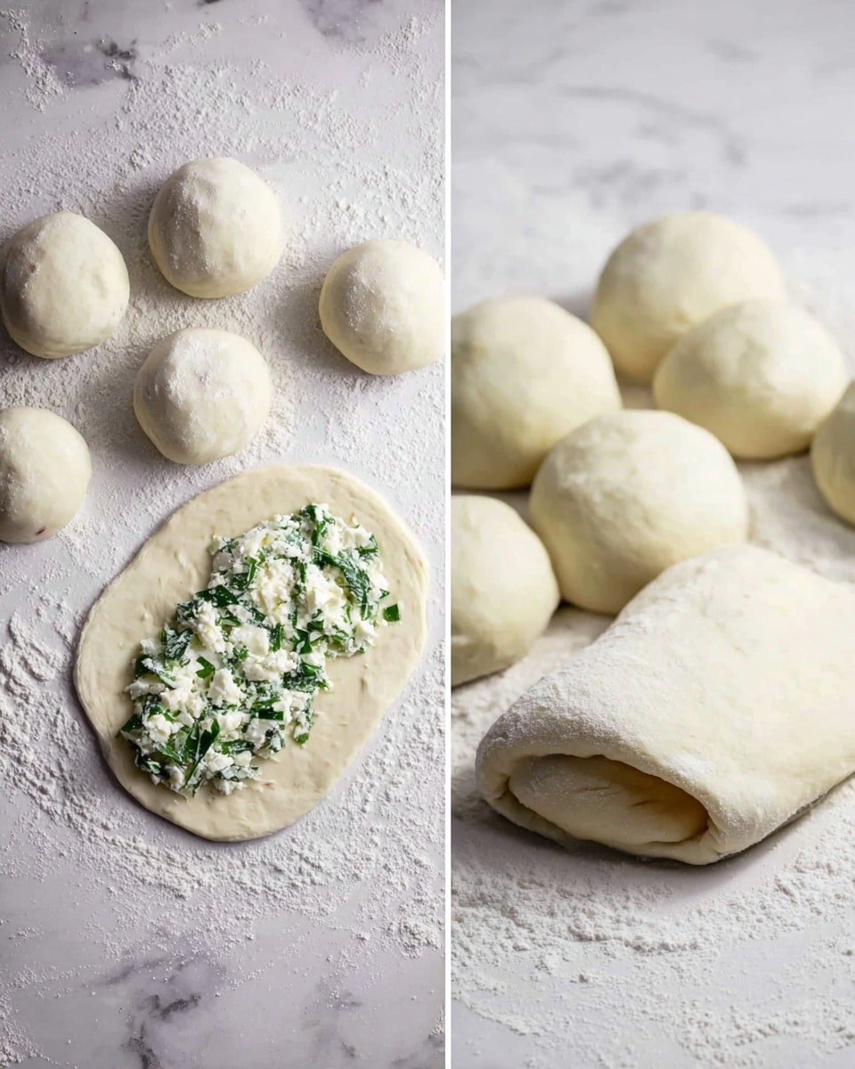 The image shows two side-by-side photos on a white marbled surface dusted with flour. On the left, there are several round dough balls placed at the top with one dough piece rolled flat near the bottom center. On this flat dough, there is a visible layer of white cheese mixed with green herbs, placed in the middle. On the right, the dough piece with filling is folded over from left to right creating a thick, oval-shaped layer with folded edges, and behind it, several round dough balls sit in the background slightly blurred. Photo taken with an iphone --ar 4:5 --v 7