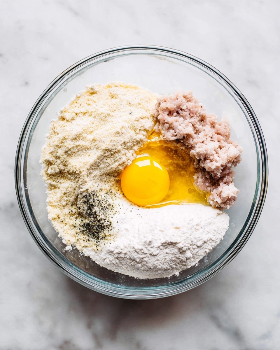 A clear glass bowl holds five visible layers of ingredients before mixing. On the right side, there is a pale pink minced meat layer next to an unbroken raw egg with a bright yellow yolk and transparent egg white. Above the egg and meat is a light beige powdery layer mixed with some black specks, likely seasoning. To the left and covering a large part of the bowl are two white powdery layers, likely different types of flour or cheese, with one layer slightly darker than the other. The bowl sits on a white marbled surface. photo taken with an iphone --ar 4:5 --v 7