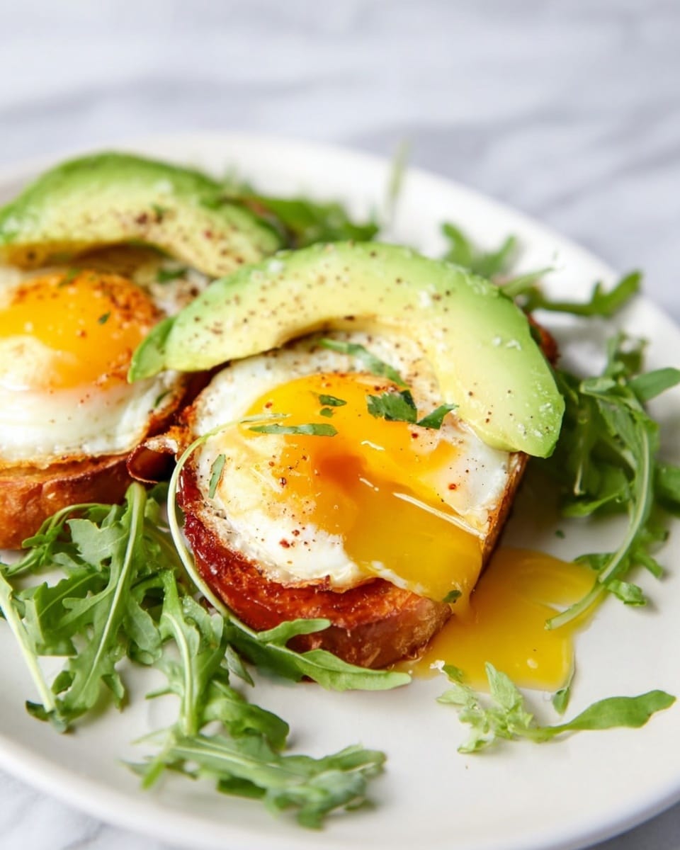 The dish shows a white plate with two halves of a toasted bread base, each topped with a fried egg. The eggs have bright yellow yolks with one yolk slightly broken, spilling golden liquid onto the bread and plate. A slice of fresh green avocado rests on the top half of the toast, slightly curved. Around the toast are fresh green leafy arugula leaves scattered on the plate. The toast appears crispy and golden brown, contrasting with the smooth, creamy texture of the avocado and the bright eggs. The background is a white marbled texture. photo taken with an iphone --ar 4:5 --v 7