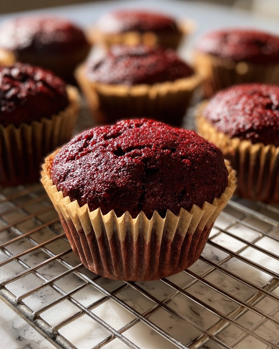 The image shows several dark red velvet muffins with a rich, cracked top texture, each sitting in a light brown crinkled paper liner. They are placed on a metal cooling rack which is set on a white marbled surface. The muffins have a slightly rough but moist appearance, catching warm light that highlights their deep red color and fine crumb. The grid pattern of the cooling rack is visible underneath and the background is softly blurred, focusing on the closest muffin in the center. photo taken with an iphone --ar 4:5 --v 7