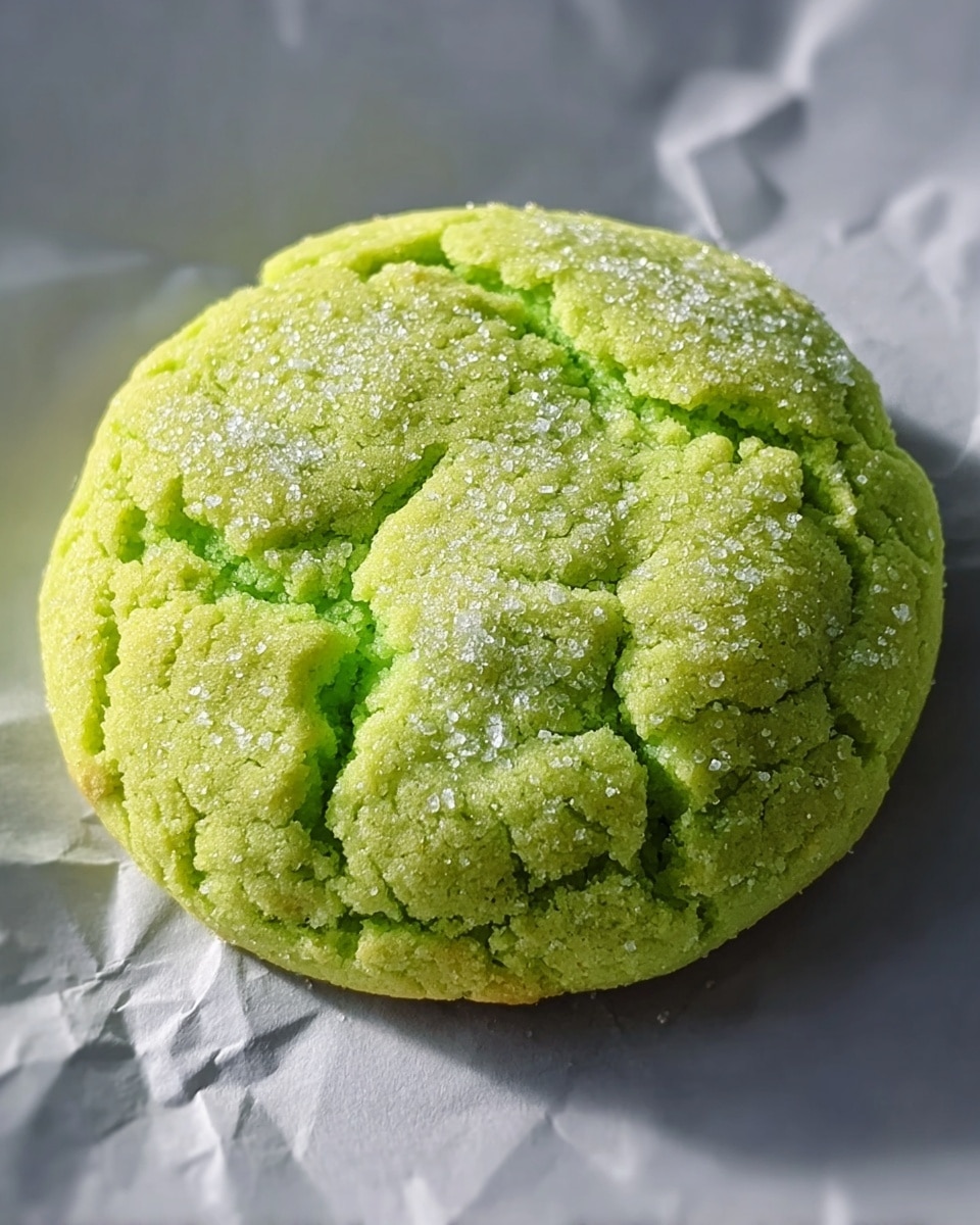 A single round bright green cookie sits on crinkled white paper with a white marbled texture beneath. The cookie has a soft, rough surface with visible sugar crystals sparkling on top and random cracks spread across its top. The cookie looks thick and dense with a slight dome shape, showing a slightly uneven but inviting texture. photo taken with an iphone --ar 4:5 --v 7