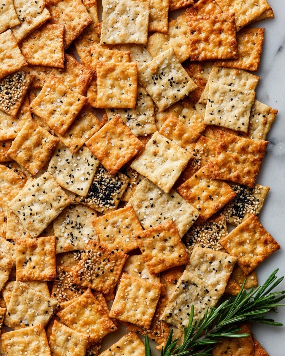 A spread of many small, rectangular crackers covers a white marbled surface. The crackers vary in shades of golden, from light to deeper golden brown, showing a crisp texture. Some crackers have coarse salt sprinkled on top, giving a sparkling white touch, while others are topped with sesame seeds, adding a light tan color. A few crackers have a mix of black and white sesame seeds and other small seasonings, creating a speckled look. In the bottom right corner, a sprig of fresh green rosemary adds a pop of color to the arrangement. The crackers are layered in a slightly overlapping way, giving a sense of abundance. Photo taken with an iphone --ar 4:5 --v 7