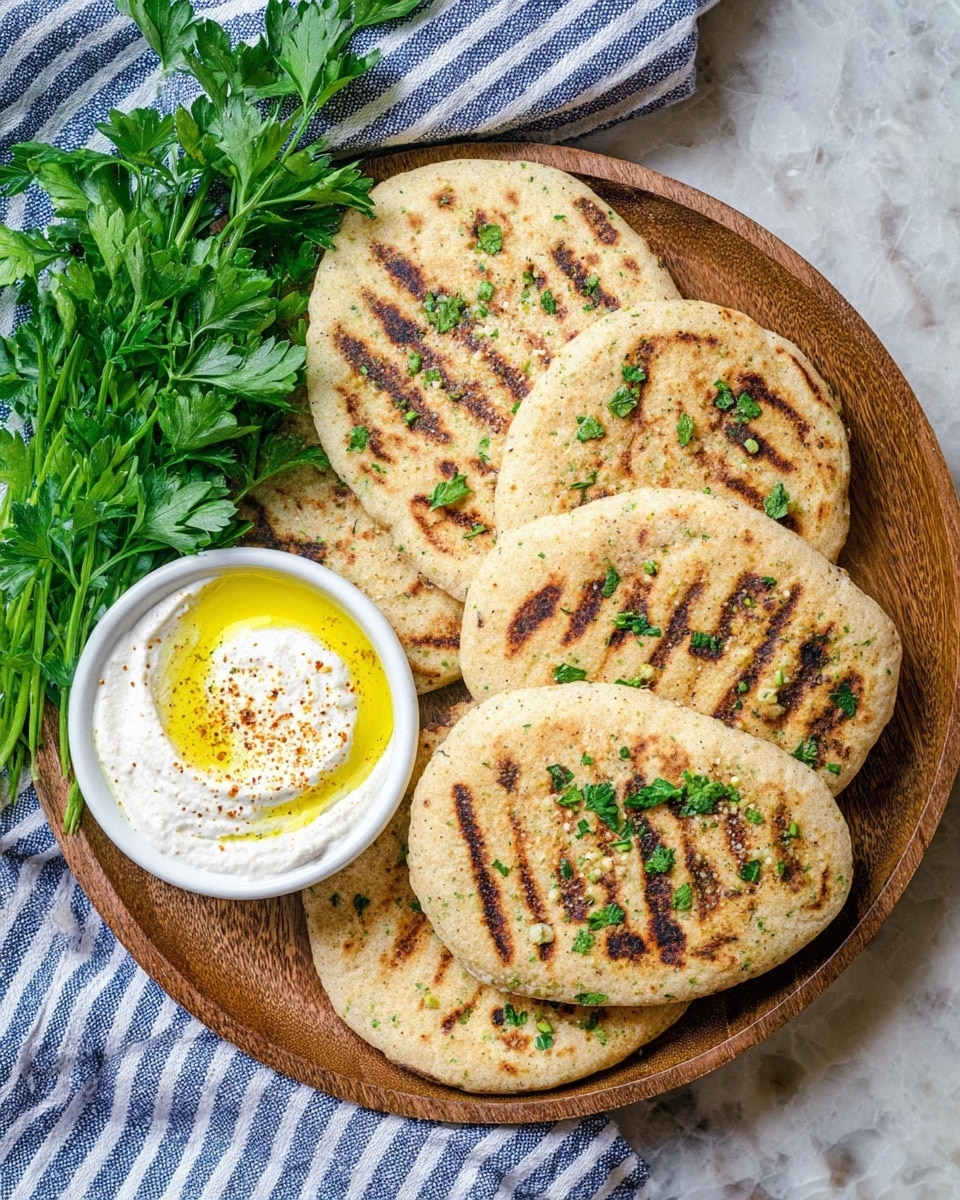 A round wooden plate holds five flatbreads with visible grill marks and small green herb pieces scattered on top, arranged in a slightly overlapping pattern. At the top center of the plate, there is a small white bowl filled with creamy white dip that has a smooth texture, topped with olive oil drizzled in a circular shape and sprinkled lightly with seasoning. A bunch of fresh green parsley rests on the upper left side of the plate, partially overlapping the bowl. The background is a white marbled surface with a blue and white striped cloth near the parsley. photo taken with an iphone --ar 4:5 --v 7
