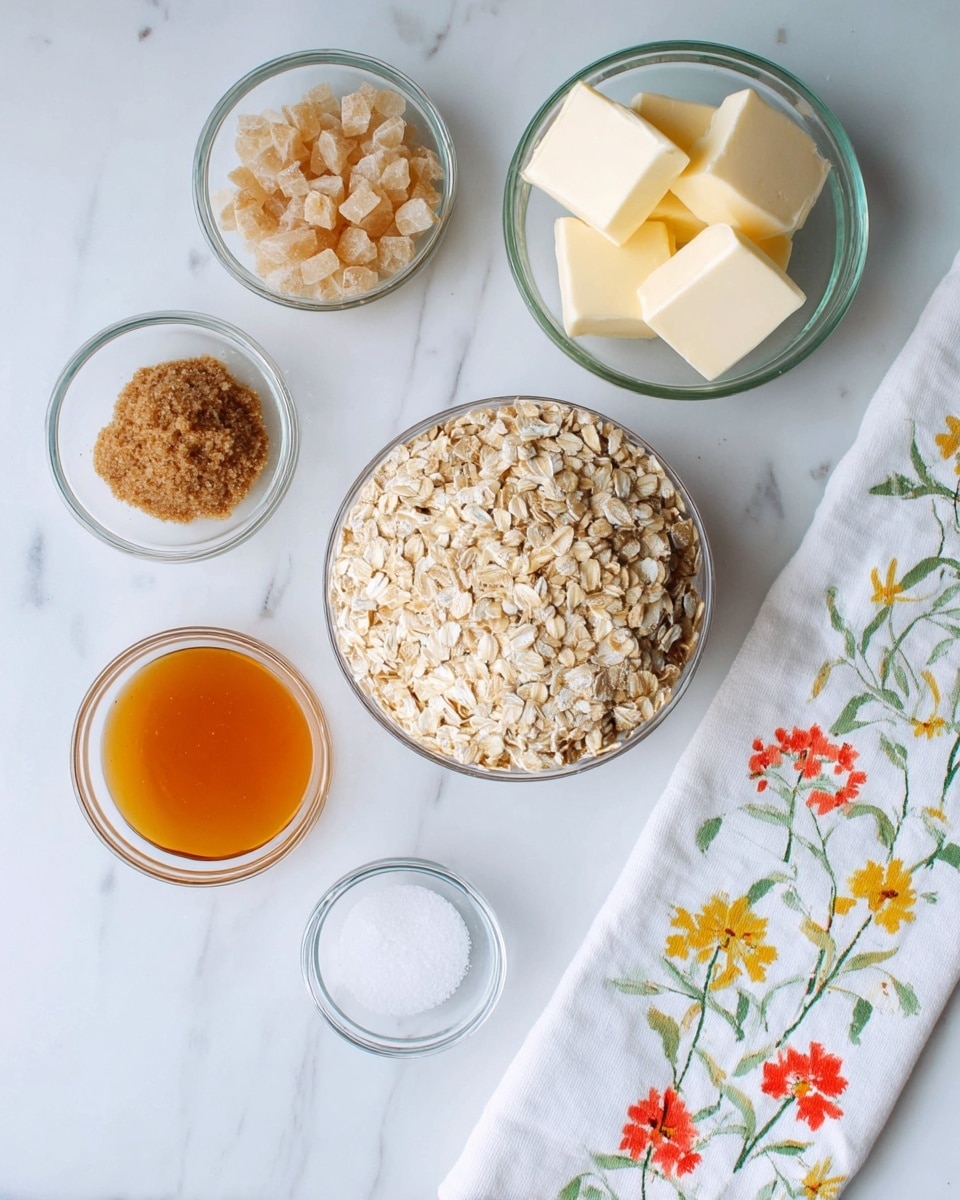 The image shows six small glass bowls with different ingredients arranged on a white marbled surface. The largest bowl in the center holds a pile of rolled oats, light beige in color and with rough texture. Above it to the right is a bowl with several cubes of butter, creamy white and soft looking. To the left of the oats is a bowl filled with light brown sugar crystals. Below the sugar is a very small bowl with a pinch of fine white salt. Next to the salt, slightly below, is a small bowl containing a warm orange honey or syrup, smooth and shiny. To the right of the honey is a small bowl with brown sugar, coarse and clumpy in texture. On the right side of the image lies a white cloth with a floral pattern featuring thin green stems and yellow, red, and orange flowers. Photo taken with an iphone --ar 4:5 --v 7