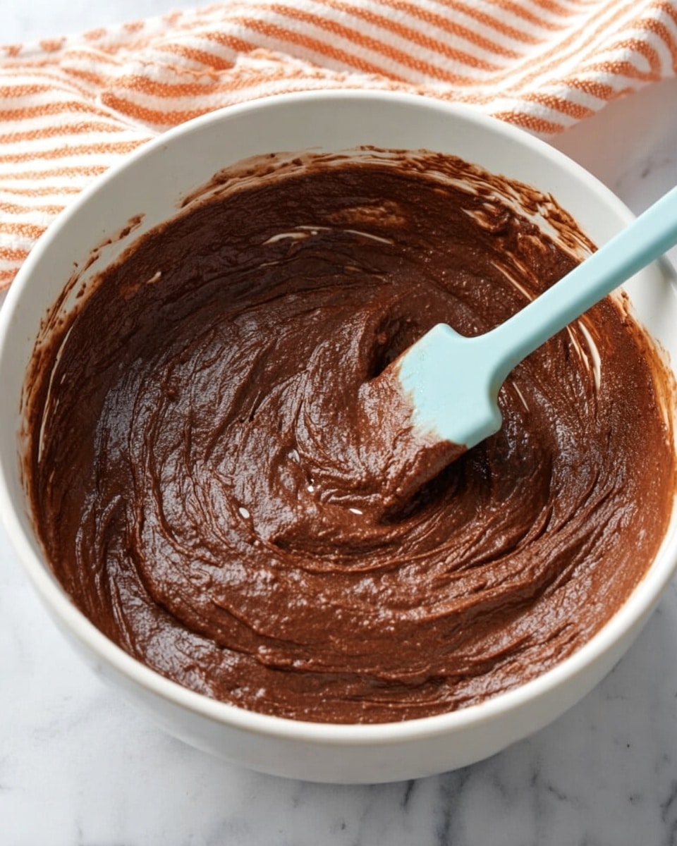 A white bowl filled with thick, smooth, dark brown chocolate batter. A light blue spatula is partially dipped into the batter, with some batter clinging to it, showing the dense texture. The bowl sits on a white marbled surface with a striped orange and white cloth slightly visible in the background. The mixture has soft swirls on top from stirring, giving it a rich and creamy look. photo taken with an iphone --ar 4:5 --v 7