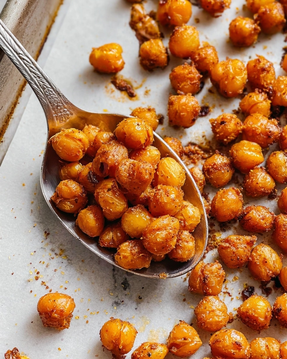 The image shows crispy roasted chickpeas scattered on a white marble surface with a silver spoon holding a small pile of the chickpeas in the center. The chickpeas are golden-brown with a slightly shiny, textured surface from seasoning and oil. Some chickpeas are clustered together while others are spaced out around the spoon, highlighting their roasted, spiced coating. The metal spoon shows light reflections and a vintage pattern along its handle. The background is a white marbled texture, keeping the focus on the warm, crunchy appearance of the chickpeas photo taken with an iphone --ar 4:5 --v 7