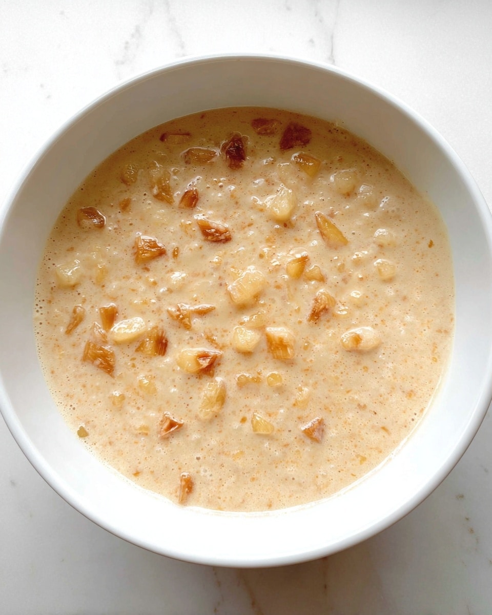 A white bowl filled with a light beige creamy batter mixed with small, uneven chunks of golden-brown cooked fruit spread evenly throughout the surface, showing a slightly glossy and smooth texture with some small bubbles. The bowl is placed on a white marbled surface. photo taken with an iphone --ar 4:5 --v 7