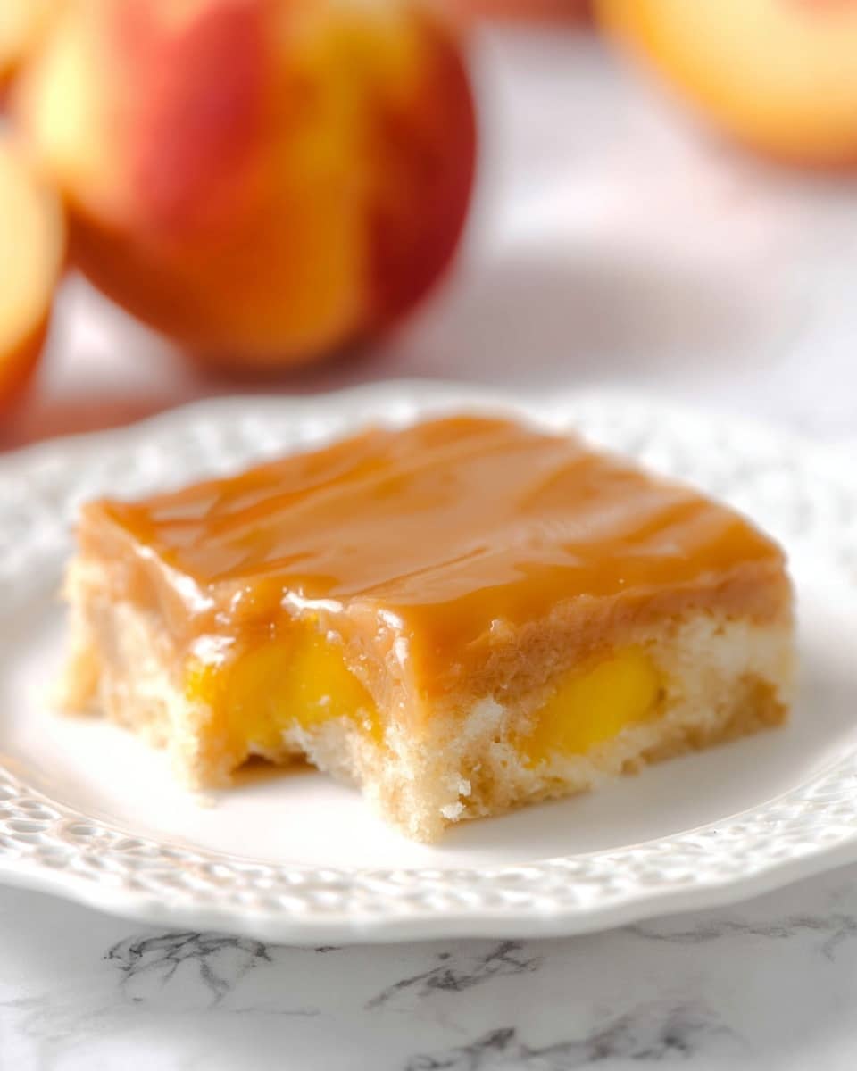 A square bar dessert sits on a white plate with delicate cut-out patterns along the edge, placed on a white marbled surface. The dessert has two layers: the bottom layer is a light, crumbly cake with bits of yellow fruit mixed inside, visible through a small bite taken from the corner; the top layer is smooth and glossy caramel with a creamy texture, covering the entire surface evenly. In the blurred background, there is a round peach with soft shades of red and yellow. photo taken with an iphone --ar 4:5 --v 7