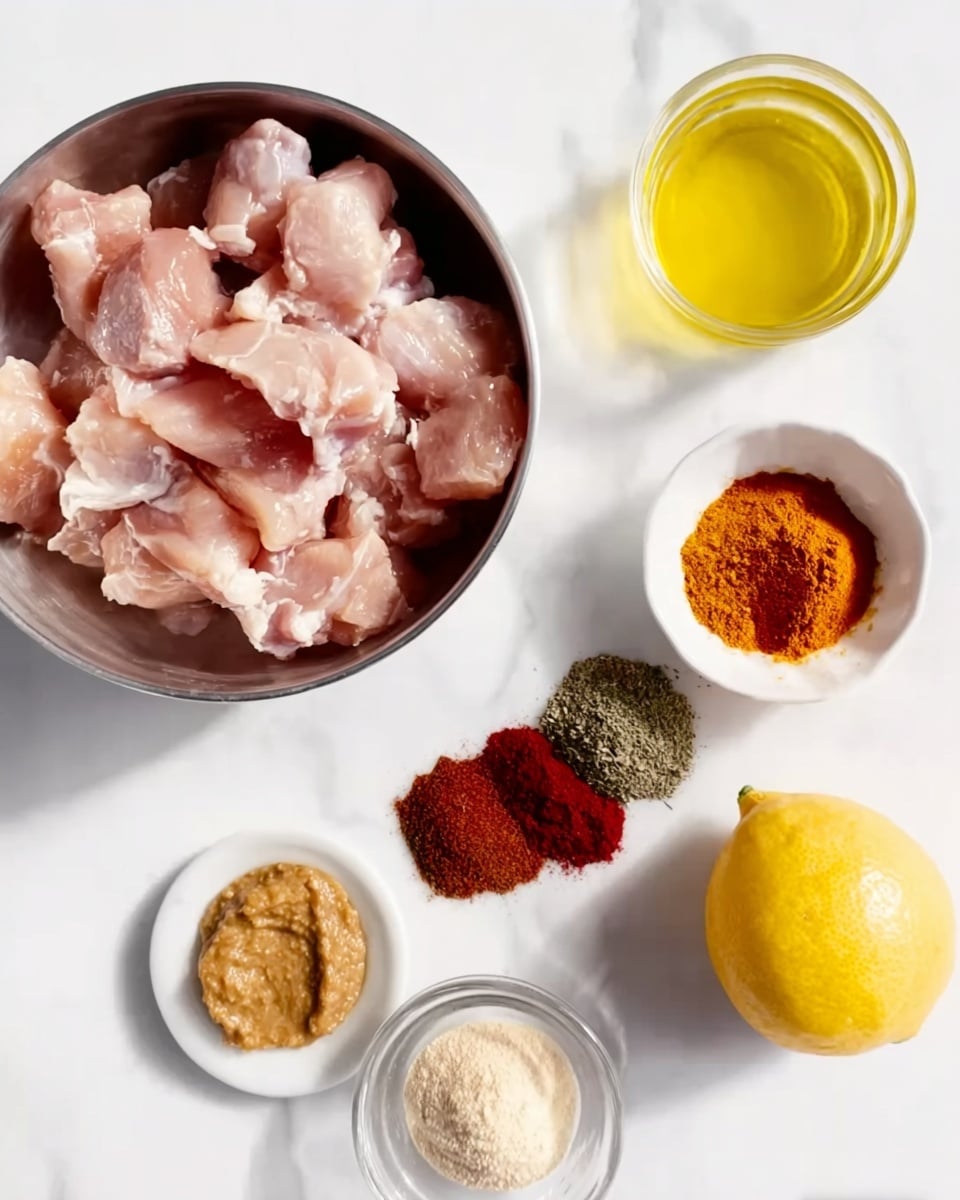 A metal bowl filled with small pieces of raw pale pink chicken sits on a white marbled surface. Next to it, a white bowl holds several colorful spices arranged in sections, including dark green, brown, red, and light beige powders. A small clear glass bowl contains a light brown mustard-like paste. Nearby, there is a small glass container with light yellow cooking oil and a bright yellow lemon half with a juicy texture facing up. photo taken with an iphone --ar 4:5 --v 7