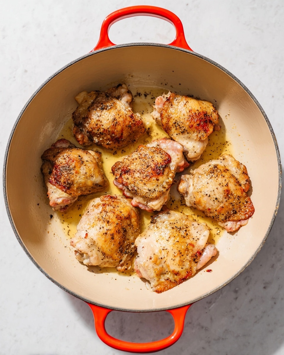 The image shows six pieces of cooked chicken thighs placed in a round beige pot with red handles, arranged in a loose circle with some space between each piece. The chicken has a golden-brown color with visible black pepper seasoning and a slightly crispy texture on top. The pot’s smooth light interior contrasts with the rich orange-red handles on either side. The pot is set on a white marbled surface, adding softness and brightness to the scene. The photo taken with an iphone --ar 4:5 --v 7