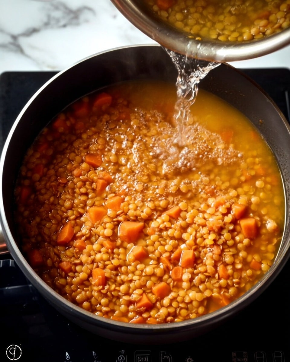 A close-up view of a black pot filled with orange lentils and chopped carrot pieces submerged in a yellowish broth, with clear water being poured into the pot from the top left corner. The lentils form the top layer, densely covering the broth and carrots below. The pot sits on a black induction cooktop with visible controls on the right side, and the background is a white marbled surface. photo taken with an iphone --ar 4:5 --v 7