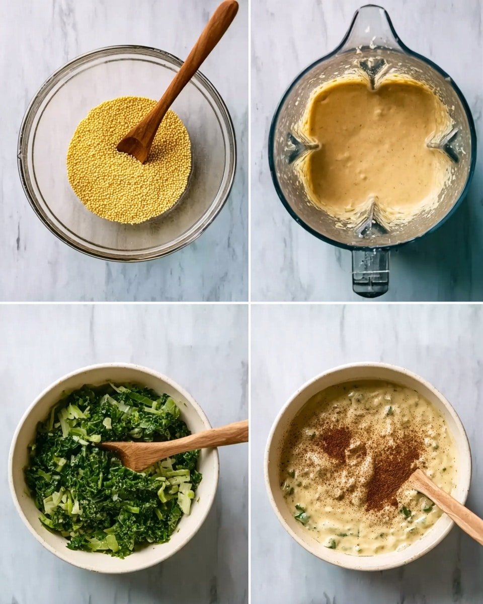 The image shows four separate square frames arranged in a grid. The top left frame displays a clear white bowl filled with small yellow grains and a wooden spoon resting inside, placed on a white marbled surface. The top right frame shows a metal blender container with a smooth, light yellow mixture inside, also on the white marbled surface. The bottom left frame features the same white bowl from the first frame now filled with chopped green leafy vegetables, and the wooden spoon is still inside. The bottom right frame shows the white bowl with a thick creamy mixture, green vegetable pieces mixed in, and a sprinkle of dark brown powder on top, with the wooden spoon inside, all set on a white marbled surface. photo taken with an iphone --ar 4:5 --v 7