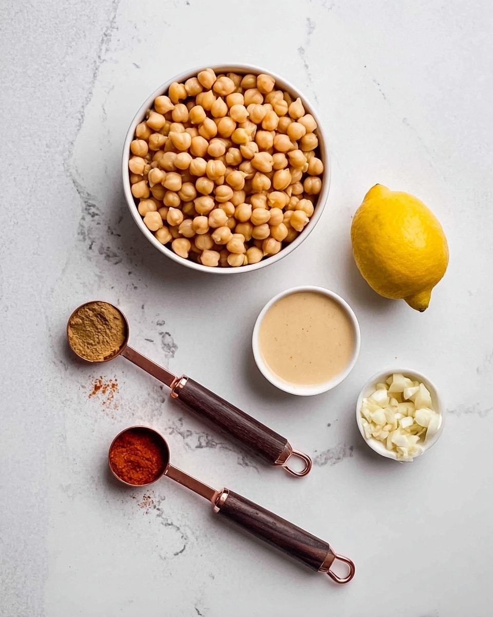 The image shows ingredients for a recipe placed on a white marbled surface. In the center, there is a white bowl full of light brown chickpeas. Above the bowl, there is a half lemon with a yellow color on the right side, a small white bowl of light tan tahini sauce on the bottom right, and another small white bowl with finely chopped garlic on the left side. Below the bowl of chickpeas, two copper measuring spoons with dark wooden handles lie horizontally; the top spoon contains ground cumin in light brown, and the bottom spoon holds a reddish-orange spice, likely paprika. photo taken with an iphone --ar 4:5 --v 7
