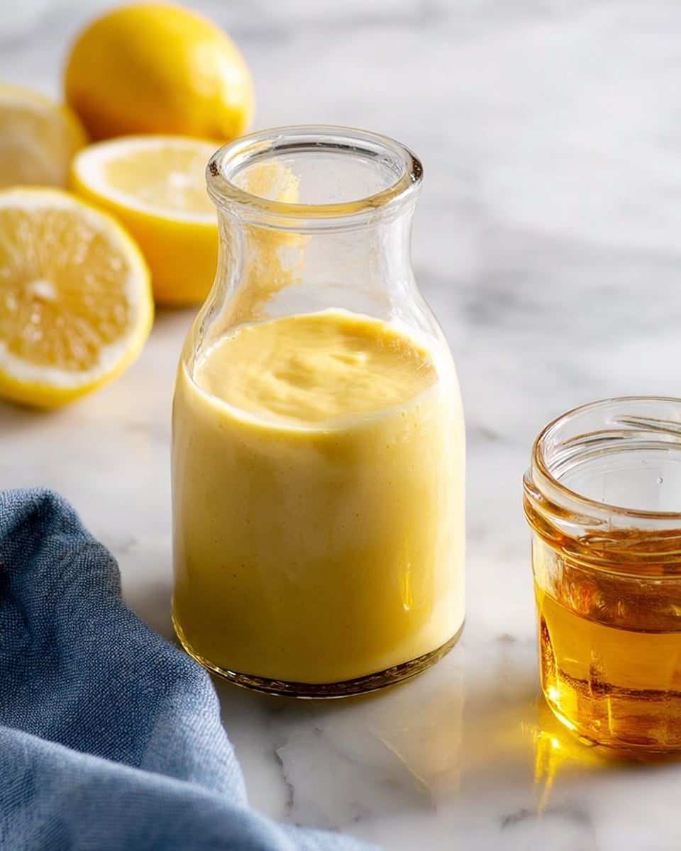 A clear glass bottle filled about half with thick, creamy yellow sauce sits on a white marbled surface. Behind it, to the left, are two lemon halves showing bright yellow flesh and white rinds. To the right, there is a smaller clear glass jar with golden yellow oil inside, its surface reflecting light softly. Part of a soft blue cloth is spread near the jar, adding texture to the scene. The whole image has soft natural light, making the sauce look smooth and fresh. photo taken with an iphone --ar 4:5 --v 7