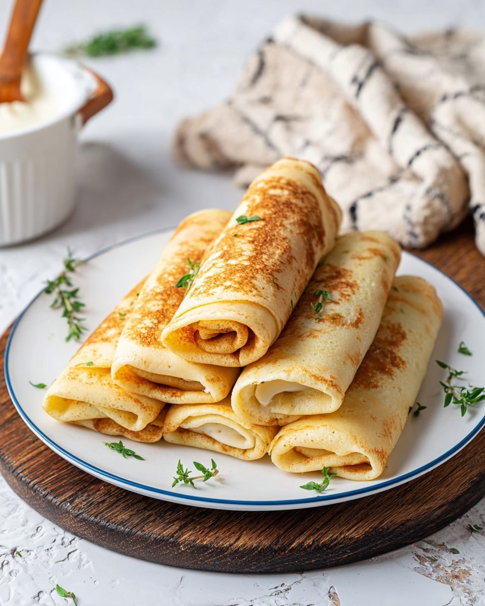 A white plate with a blue rim holds six golden-brown rolled crepes stacked in two layers, three on the bottom and three on top. Each crepe shows a soft, slightly spongy texture with some light browning on the top surfaces. Small green herb sprigs are scattered on and around the crepes, adding a fresh touch. The plate sits on a dark wooden board, placed on a white marbled surface. In the background, there is a white bowl with a wooden spoon and a white container with a brown rim holding a white sauce. A beige cloth with black lines is also softly draped nearby. photo taken with an iphone --ar 4:5 --v 7