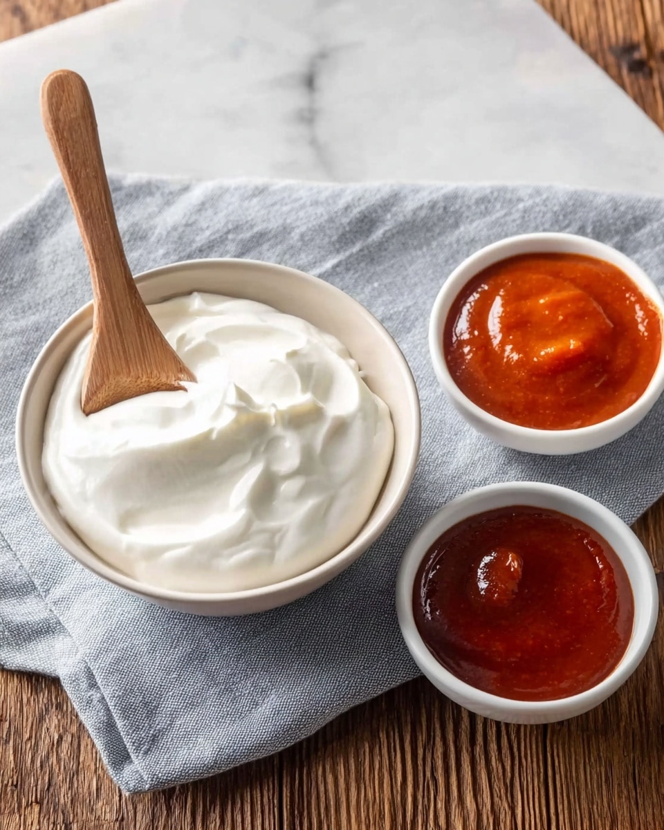 A white bowl filled with creamy white yogurt sits on a light gray cloth on a wooden table, with a wooden spoon resting inside the yogurt, its handle extending outwards. Next to the bowl, two small white bowls contain reddish-orange sauces with a smooth, glossy texture. The background is a white marbled surface. photo taken with an iphone --ar 4:5 --v 7