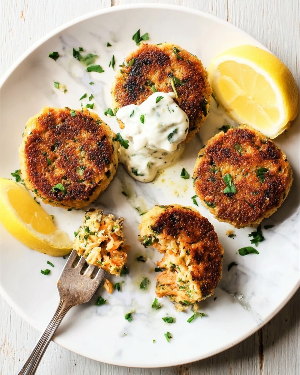 A white plate sits on a white marbled surface with four golden-brown round patties that have a crispy texture and finely chopped green herbs inside. One patty has a dollop of white creamy sauce with chopped herbs on top. There are two bright yellow lemon wedges placed near the patties. A fork holds a small piece of a broken patty, showing a soft, moist inside with flecks of orange and green. Some chopped green herbs are sprinkled around the plate. Photo taken with an iphone --ar 4:5 --v 7