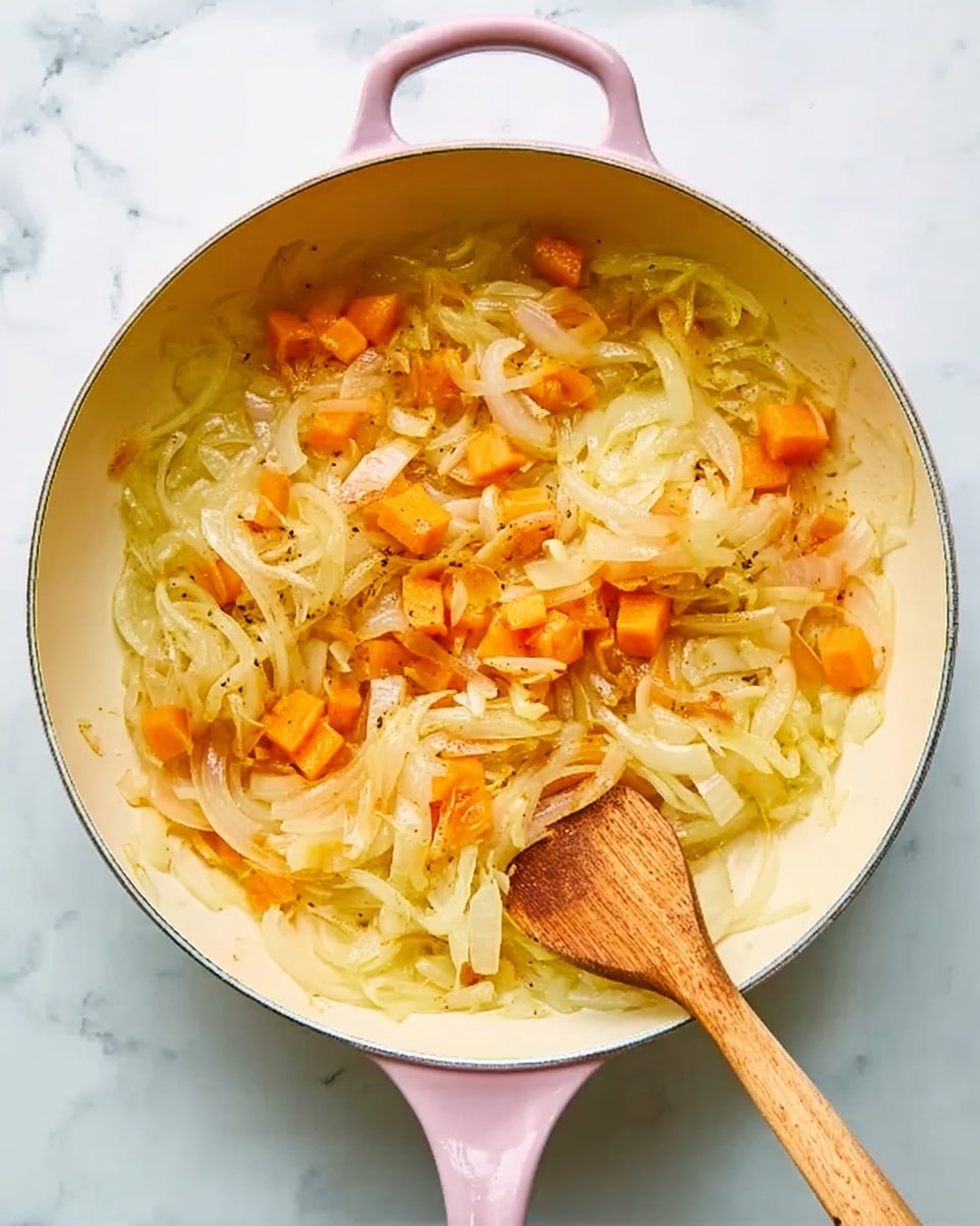 A pink pan filled with cooked onion slices and small orange cubes, both mixed together and starting to soften. A woman's hand holding a wooden spoon stirs the ingredients. The pan is placed on a white marbled surface. The onions are translucent and light yellow while the orange cubes add a bright contrast. photo taken with an iphone --ar 4:5 --v 7