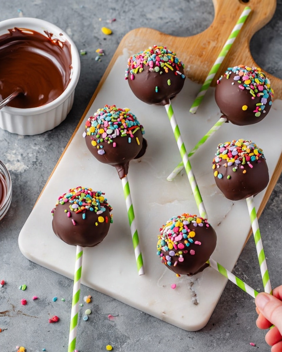 The image shows six round chocolate cake pops on white sticks with green diagonal stripes. Each cake pop is coated with smooth dark chocolate and decorated with colorful sprinkles in red, yellow, green, pink, blue, and white. The cake pops are placed on a white marbled board, which is set on a gray stone surface with some colorful sprinkles scattered around. A small white bowl with melted chocolate inside sits at the top left corner of the marbled board. One cake pop is held by a woman’s hand on the right side of the image. photo taken with an iphone --ar 4:5 --v 7