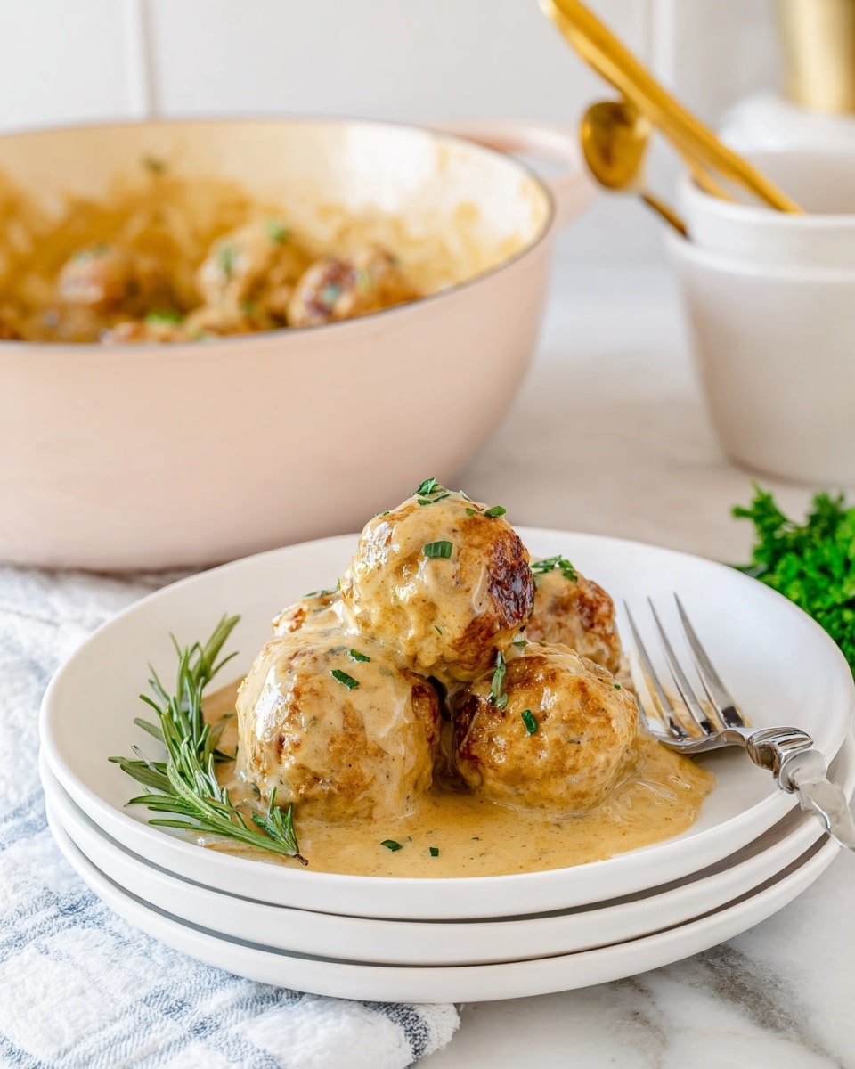 Four round, golden meatballs covered in a thick, creamy light brown sauce with small green herb pieces are placed on a white plate. The plate rests on two more white plates stacked underneath it. There is a small green rosemary sprig placed in front of the meatballs on the plate. A silver fork lies on the right side of the plate. In the background, a large light pink pot with some meatballs and sauce inside, and a white marble container with a golden spoon sit on a white marbled surface. Some green parsley leaves are partially visible in the lower right corner. Photo taken with an iphone --ar 4:5 --v 7