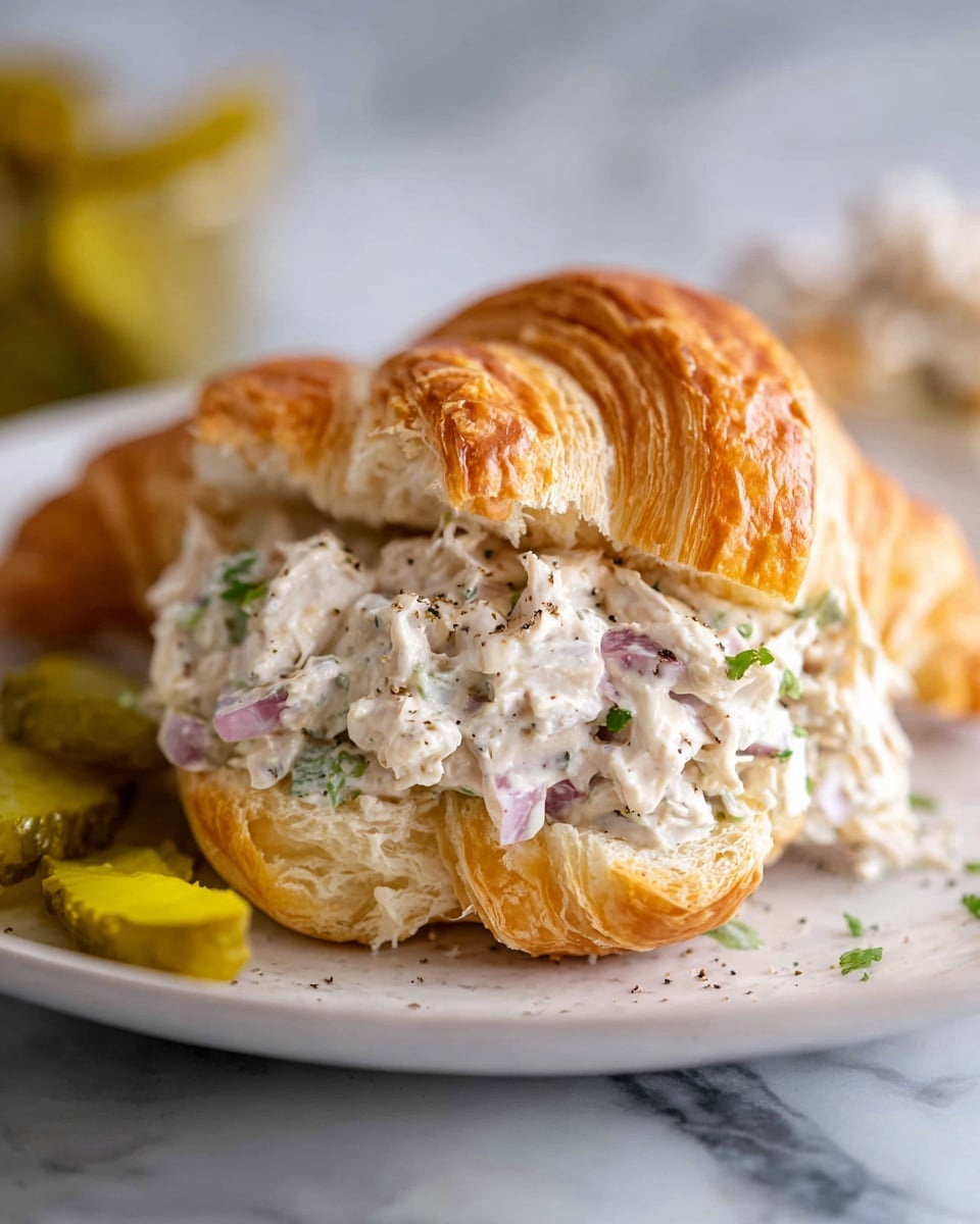 A flaky, golden croissant is split open on a white plate with a white marbled surface underneath; inside the bottom half, there is a thick layer of creamy chicken salad mixed with chopped red onion and herbs, topped with a light sprinkle of black pepper, and the top half of the croissant rests beside it slightly tilted. In the background, there are blurred small yellow pickles adding a touch of color. photo taken with an iphone --ar 4:5 --v 7