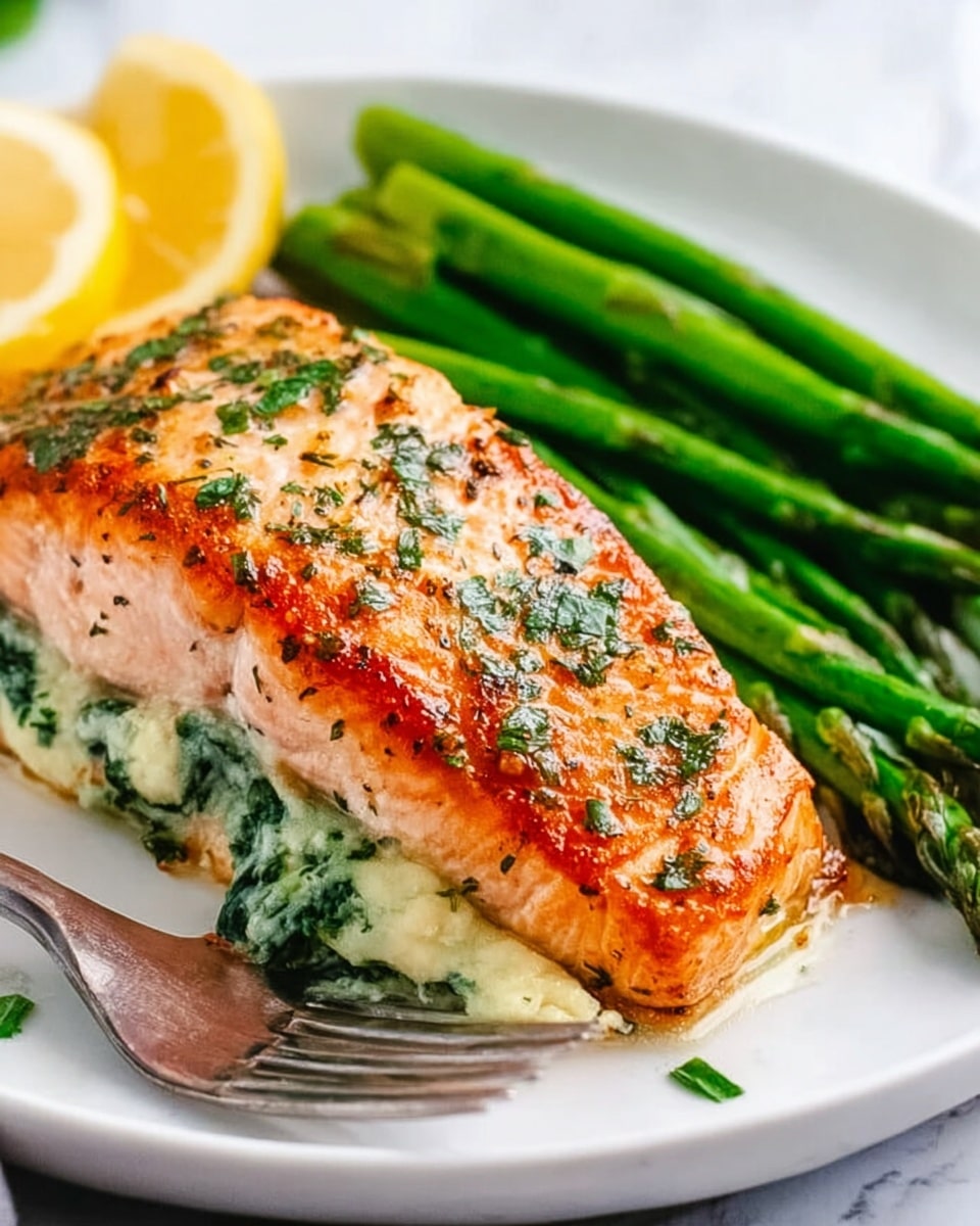 A cooked piece of salmon with a golden brown top layer speckled with green herbs, resting on a creamy white layer with green spinach visible inside. The salmon sits on a white plate next to bright green cooked asparagus spears, and a wedge of lemon adds a pop of yellow on the side. A silver fork is placed on the plate near the lemon. The background is a white marbled surface. Photo taken with an iphone --ar 4:5 --v 7