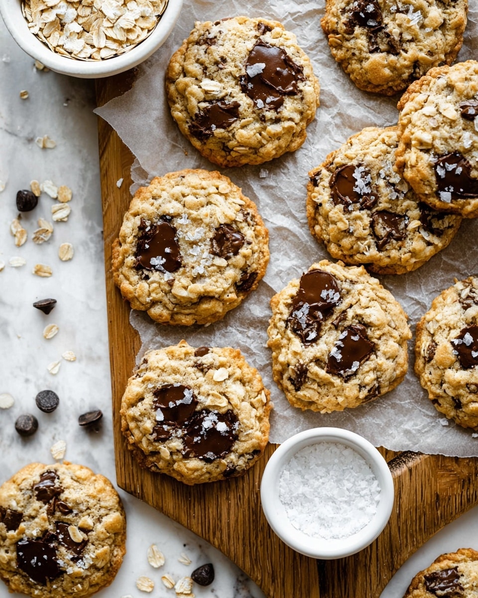 Several oatmeal chocolate chip cookies are spread out on parchment paper placed on a wooden board. Each cookie is round with a rough, textured surface, showing light golden brown dough mixed with dark, melted chocolate chips and scattered oat flakes. The cookies have a slightly crispy edge and a soft middle. To the top left, a white bowl filled with oat flakes is visible, and near the bottom right, a small white bowl holds coarse salt. The background is a white marbled surface with some scattered oats and chocolate chips around the board. photo taken with an iphone --ar 4:5 --v 7