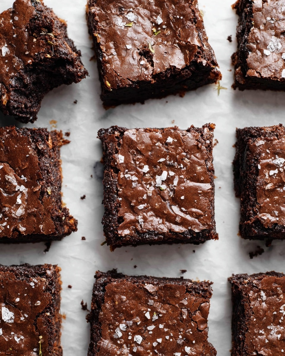 Nine square brownies are laid out on white parchment paper placed on a white marbled surface. Each brownie is thick with a shiny, dark brown, slightly cracked top layer sprinkled with coarse sea salt flakes. The inside shows a dense texture with some lighter brown crumbs visible around the edges. One brownie at the top left corner has a bite taken from it, revealing a moist and rich inside. The squares are arranged in a close grid pattern with small crumbs scattered between them. photo taken with an iphone --ar 4:5 --v 7