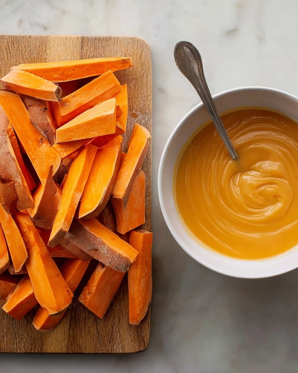 The image shows two parts: on the left, a white marbled cutting board holds many orange sweet potato slices, cut into thick, uneven sticks, with the orange color bright and fresh against the wood texture; on the right, a white bowl sits on a white marbled surface, filled with smooth, creamy light orange sauce swirled in the center, with a container of more sauce partially visible nearby and a spoon resting inside it. photo taken with an iphone --ar 4:5 --v 7