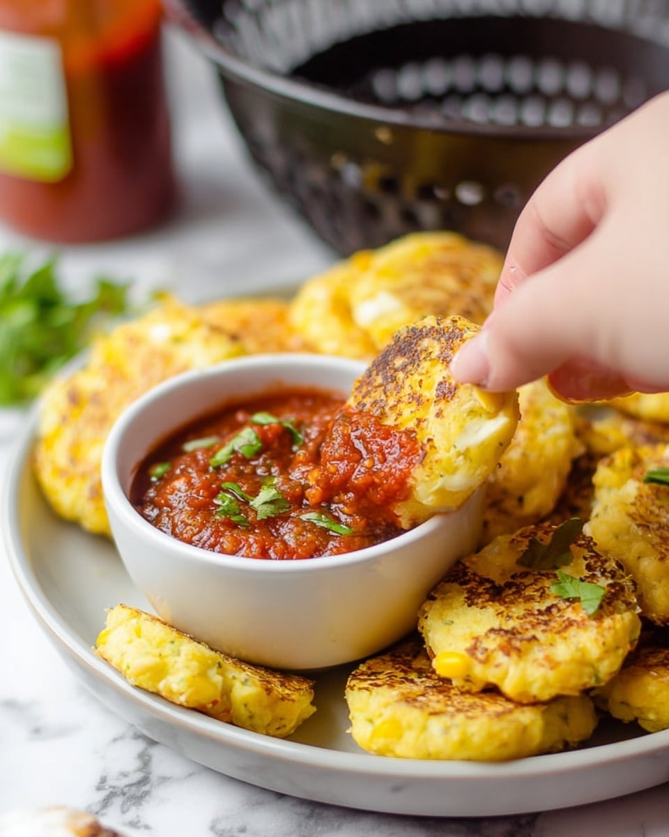 The image shows a small bowl filled with smooth, red salsa topped with small pieces of green herbs. Surrounding the bowl are many round, golden-yellow pieces of grilled corn cakes with a slightly browned surface and a soft texture. A woman's hand is dipping one of the corn cakes into the salsa. The bowl is placed on a white plate, which is set on a white marbled surface. In the background, there is a blurred dark colander and a red bottle, adding depth to the scene. photo taken with an iphone --ar 4:5 --v 7