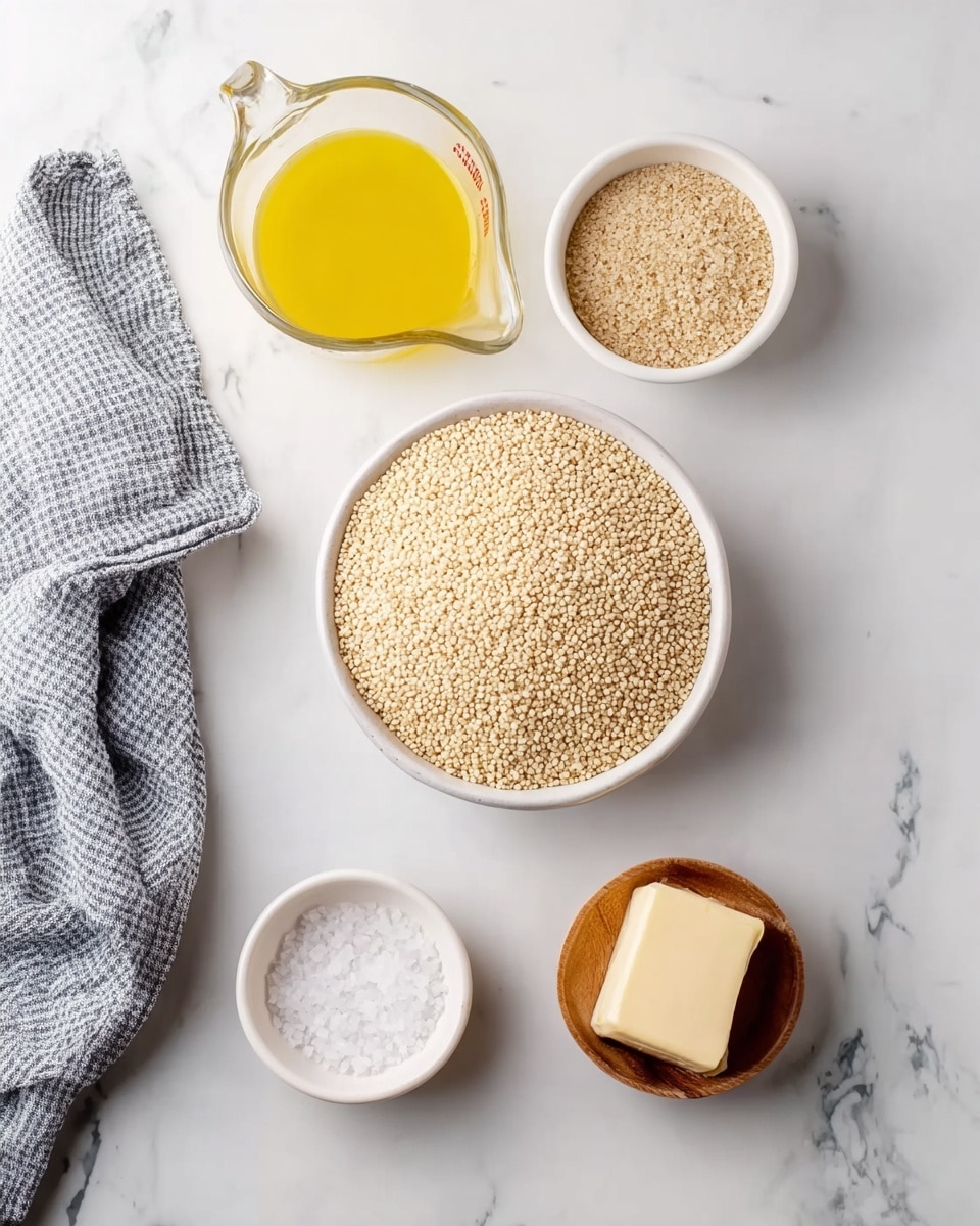 The image shows five separate containers placed on a white marbled surface. At the center is a large white bowl filled with small, round, pale beige grains. Above and to the left is a clear measuring cup with a handle, filled with a bright yellow liquid. To the right of the grains is a white bowl containing fine, light brown granules. Below this is a small white bowl holding a square piece of pale yellow butter. Finally, below the grain bowl is a small wooden bowl filled with coarse white salt. A gray and white checkered cloth is draped on the left side of the surface. photo taken with an iphone --ar 4:5 --v 7