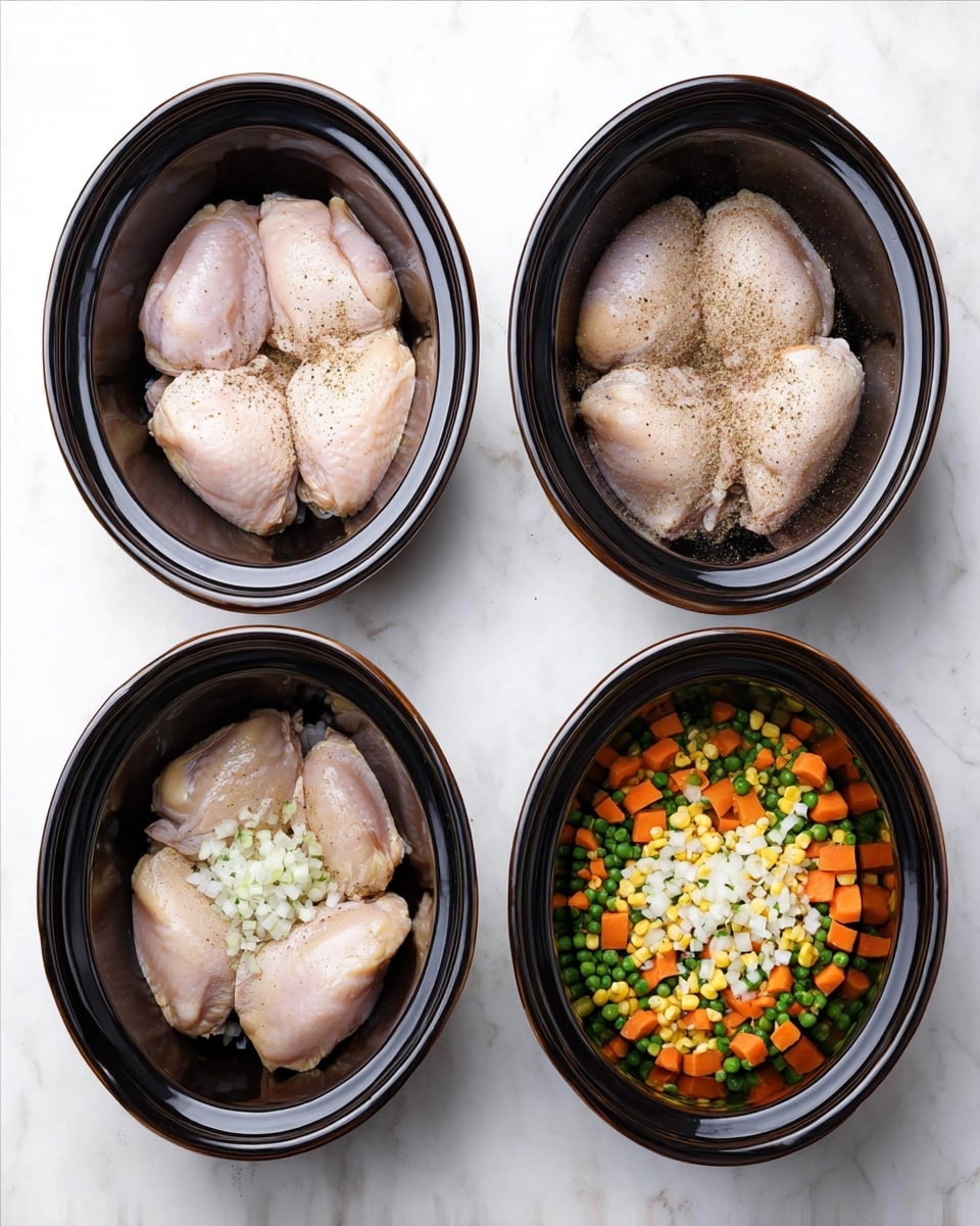 Four black crockpot bowls are shown from above on a white marbled surface. The first bowl contains four smooth, pale pink raw chicken pieces arranged side by side. The second shows the same chicken pieces sprinkled with a light layer of ground pepper. The third bowl has the peppered chicken topped with chopped white onion pieces scattered unevenly. The fourth bowl is filled with the same chicken and onions, now covered by a colorful mixed vegetable layer of diced orange carrots, green beans, cut peas, and corn kernels. photo taken with an iphone --ar 4:5 --v 7
