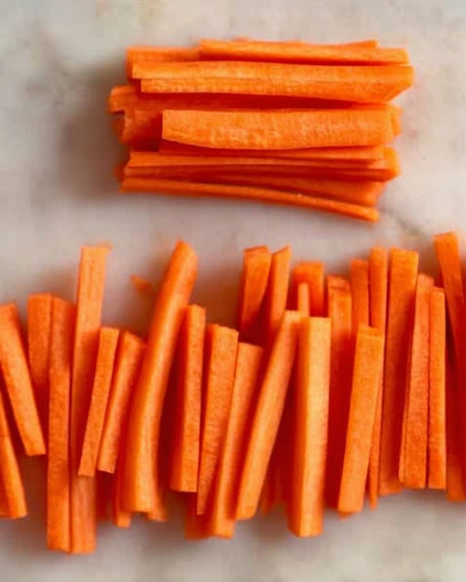 The image shows many small pieces of orange carrot sticks arranged in rows on a white marbled surface. The carrot sticks are cut into long, thin strips about the same size and shape, with the flat edges visible. One group of carrot sticks is stacked neatly near the top, while the rest are spread out in rows below it, showing a clear, organized layout. The background is clean and simple, focusing attention on the evenly cut carrot sticks. photo taken with an iphone --ar 4:5 --v 7
