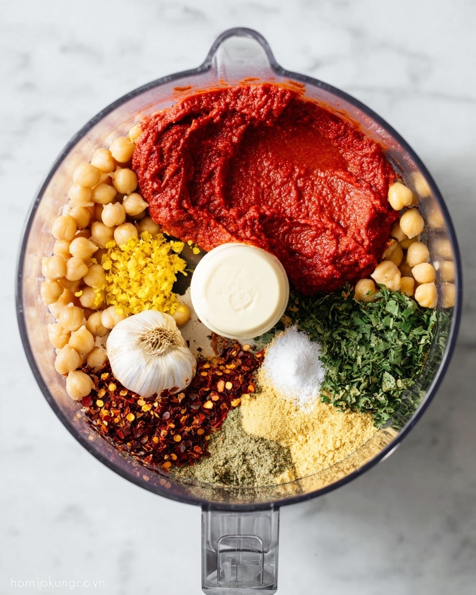 A clear food processor bowl is filled with seven main ingredients, each in separate sections forming a circle around the center blade: smooth, dense red paste taking up nearly a quarter on the left side; bright yellow minced garlic at the top left; light beige chickpeas filling the top right; finely chopped green herbs at the far right; a small mound of white salt below the herbs; pale yellow powder covering the bottom right; and deep red chili flakes at the bottom center. The food processor is placed on a white marbled surface. photo taken with an iphone --ar 4:5 --v 7